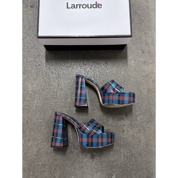 Larroude Dolly Mules Plaid Blue Red - Picture 1 of 9